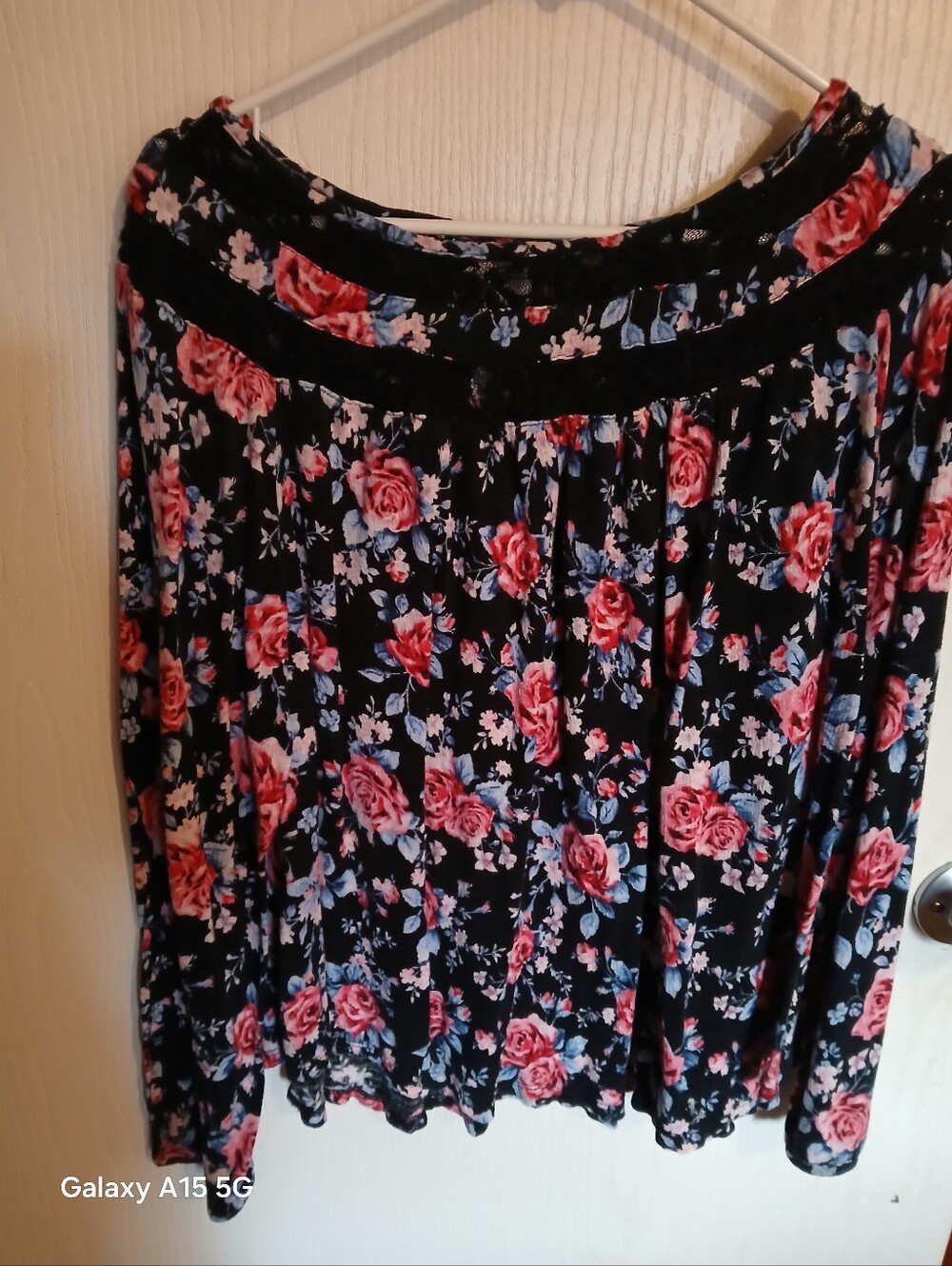 Floral Black A-Line Blouse with Pink Rose Print